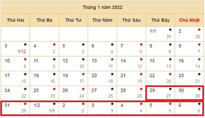 Lịch nghỉ Tết Nguyên đán Nhâm Dần 2022. (Ảnh chụp màn hình)