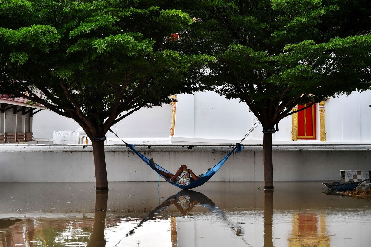 Người đàn ông nằm trên võng trong khuôn viên một ngôi chùa Phật giáo bị lũ lụt ở tỉnh Ayutthaya, miền Trung Thái Lan, ngày 28/9. Cơn bão nhiệt đới Dianmu với mưa lớn đã gây ra tình trạng lũ lụt ở 30 tỉnh trên cả nước. (Nguồn: Getty)