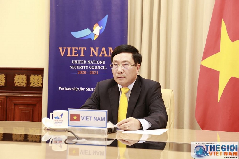 Phó Thủ tướng Bộ trưởng Ngoại giao Phạm Bình Minh dự thảo luận trực tuyến HĐBA LHQ về Quản trị toàn cầu sau Covid-19. (Ảnh: Trung Hiếu) Phó Thủ tướng, Bộ trưởng Ngoại giao Phạm Bình Minh tham dự Phiên họp trực tuyến cấp cao Hội đồng Bảo an LHQ
