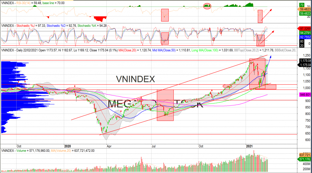 Thị trường chứng khoán ngày 23/02: Đồ thị VN-Index. (Nguồn: MegaBot)