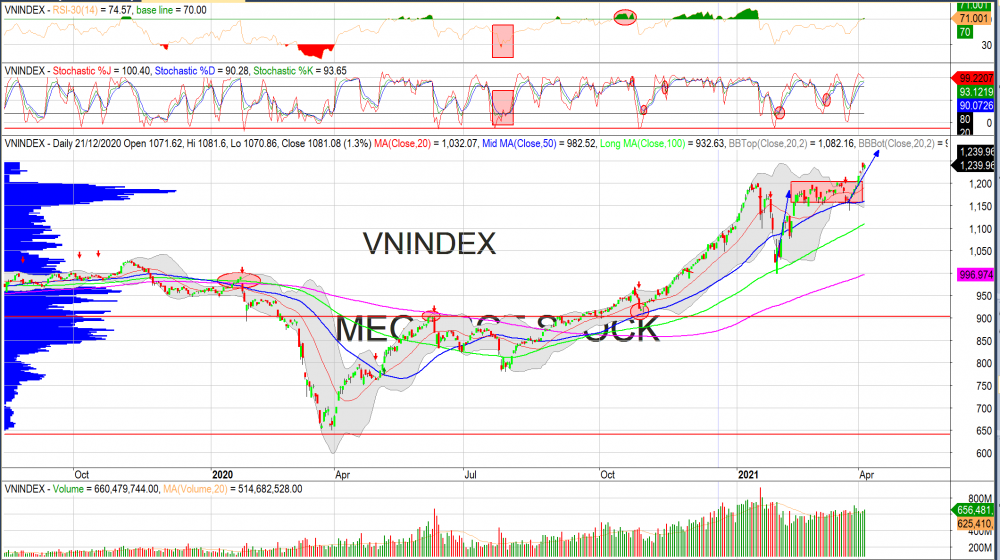 Thị trường chứng khoán ngày 7/4: Đồ thị VN-Index. (Nguồn: MegaBot)