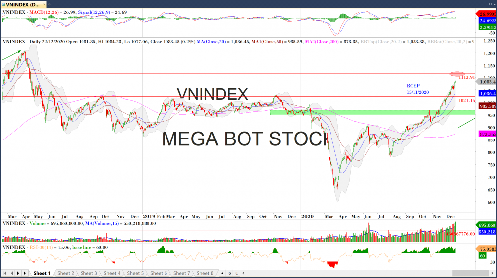 Thị trường chứng khoán ngày 23/12: Đồ thị VN-Index. (Nguồn: MegaBot)