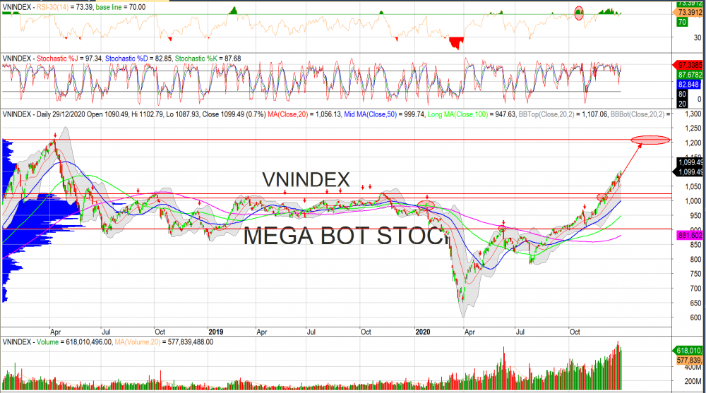 Thị trường chứng khoán ngày 30/12/2020: Đồ thị VN-Index (Nguồn MegaBot)