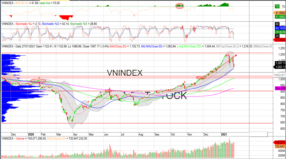 Thị trường chứng khoán ngày 28/01/2020: Đồ thị VN-Index (Nguồn MegaBot)