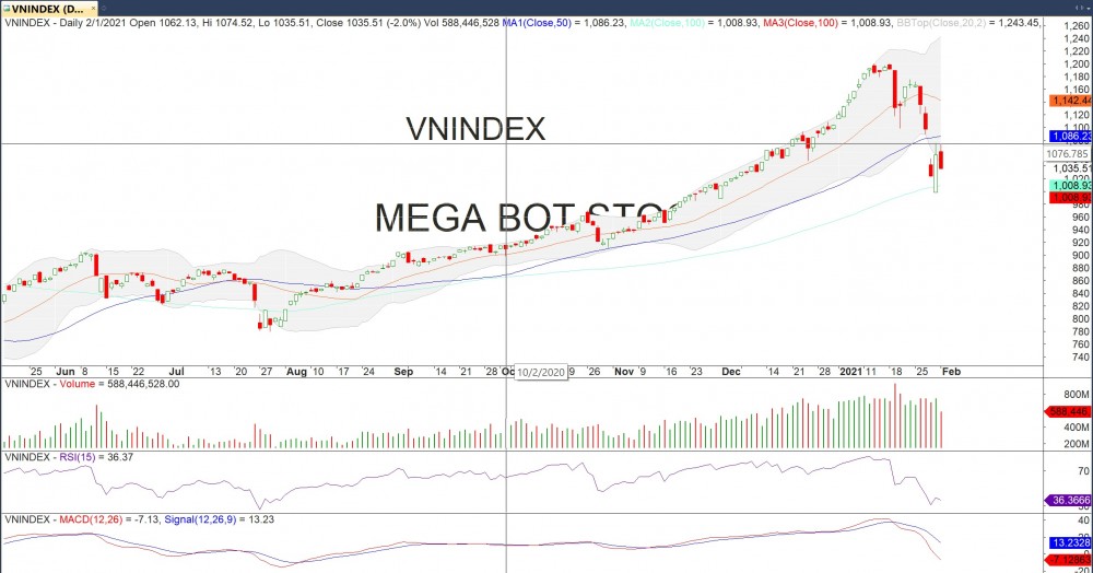Đồ thị VN-Index của thị trường chứng khoán hôm nay 01/02 (Nguồn MegaBot)