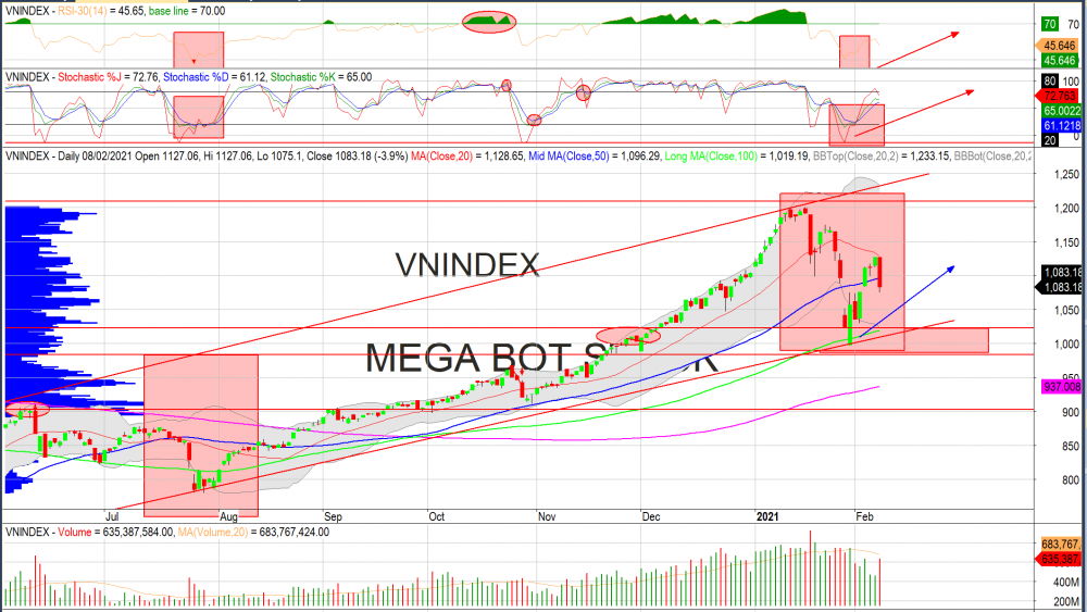 Thị trường chứng khoán ngày 09/02/2020: Đồ thị VN-Index.(Nguồn: MegaBot)