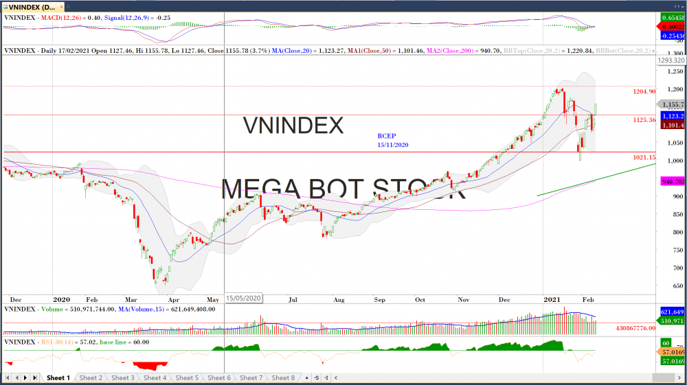 Thị trường chứng khoán ngày 17/01/2020: Đồ thị VN-Index .(Nguồn :MegaBot)