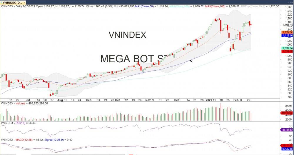Đồ thị VN-Index của thị trường chứng khoán hôm nay 25/02 (Nguồn MegaBot)