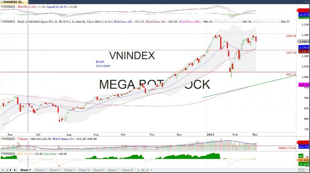 Đồ thị VN-Index của thị trường chứng khoán hôm nay 3/3 (Nguồn MegaBot)