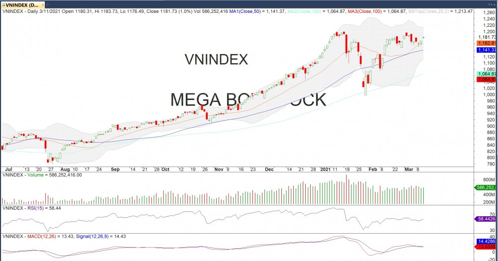 Đồ thị VN-Index của thị trường chứng khoán hôm nay 10/3 (Nguồn MegaBot) Đồ thị VN-Index của thị trường chứng khoán hôm nay 10/3 (Nguồn MegaBot)