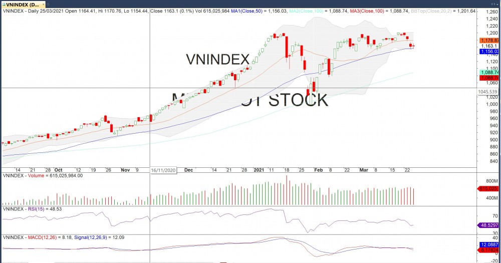 Đồ thị VN-Index của thị trường chứng khoán hôm nay 25/3 (Nguồn MegaBot)
