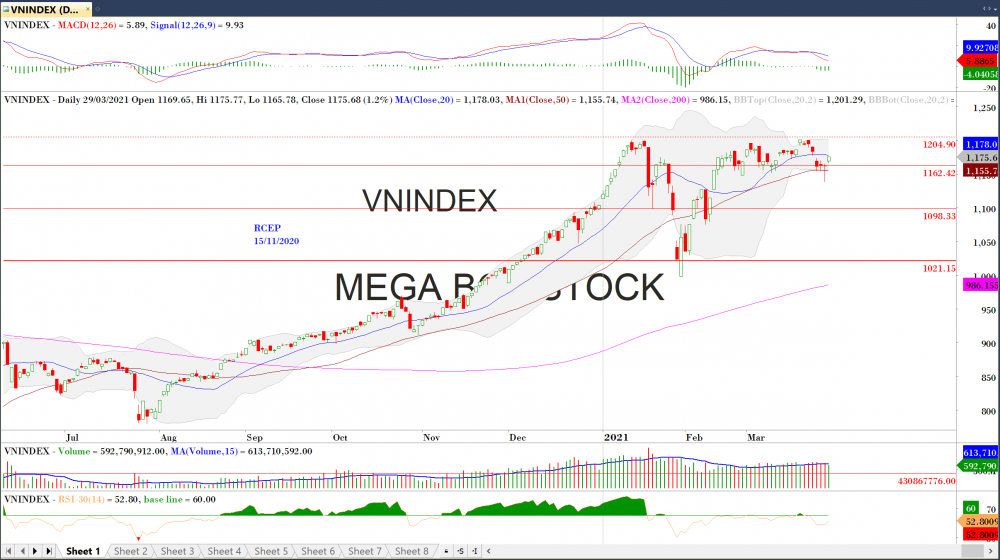 Thị trường chứng khoán ngày 29/03/2020: Đồ thị VN-Index. (Nguồn: MegaBot)