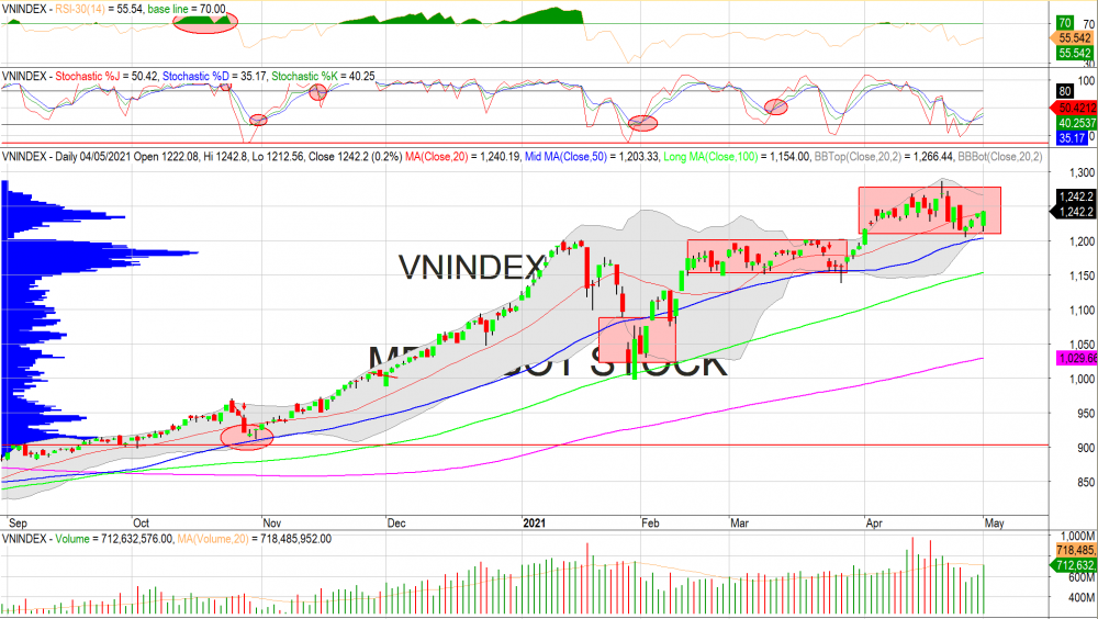 Thị trường chứng khoán ngày 05/05/2020: Đồ thị VN-Index. (Nguồn: MegaBot)
