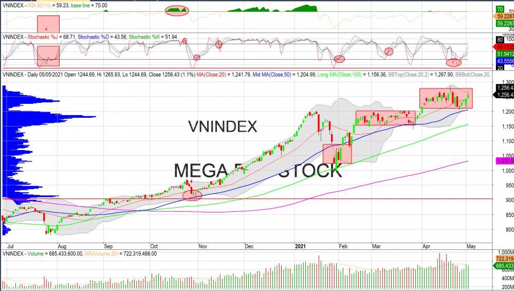 Thị trường chứng khoán ngày 05/05/2020: Đồ thị VN-Index. (Nguồn: MegaBot)