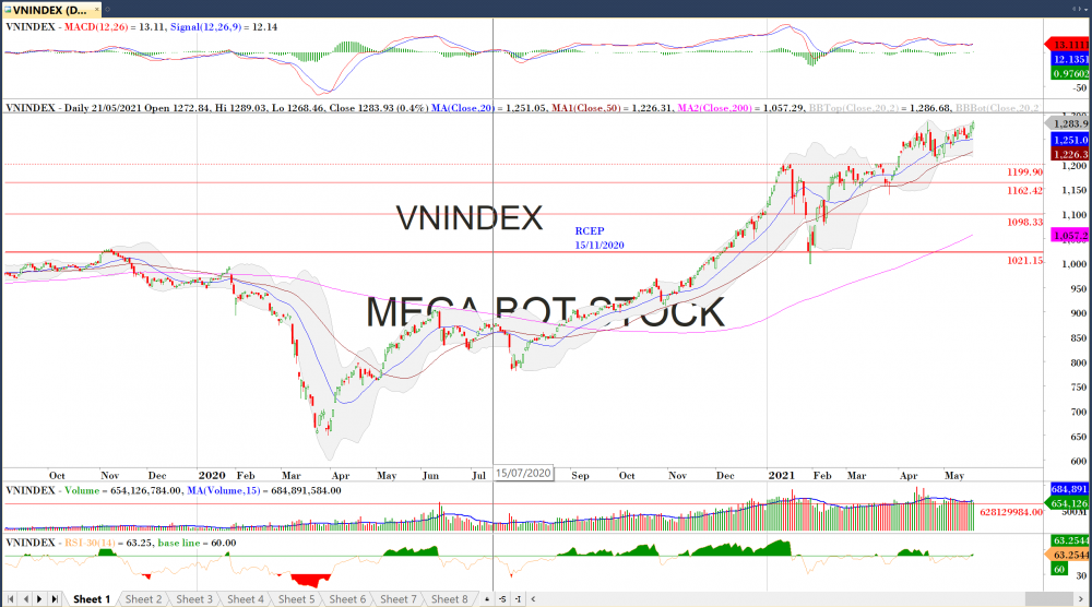 Thị trường chứng khoán ngày 21/05/2020: Đồ thị VN-Index. (Nguồn: MegaBot)