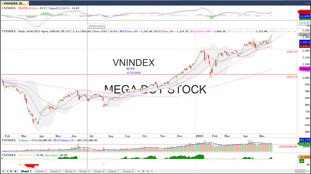 Thị trường chứng khoán ngày 26/05/2020: Đồ thị VN-Index. (Nguồn: MegaBot)