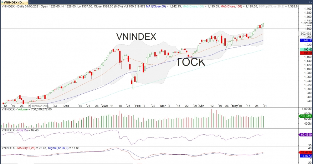 Đồ thị VN-Index của thị trường chứng khoán hôm nay 31/5. (Nguồn: MegaBot)