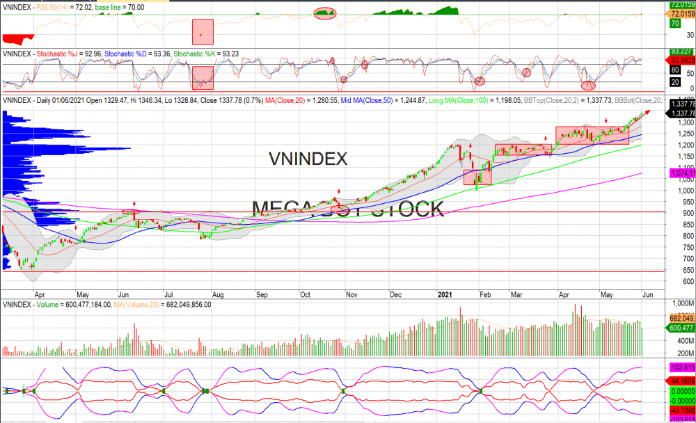 Thị trường chứng khoán ngày 01/06/2021: Xu hướng VN-Index. (Nguồn: MegaBot) Thị trường chứng khoán ngày 01/06/2021: Xu hướng VN-Index. (Nguồn: MegaBot)