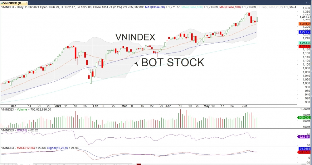 Đồ thị VN-Index của thị trường chứng khoán hôm nay 10/6. (Nguồn: MegaBot)