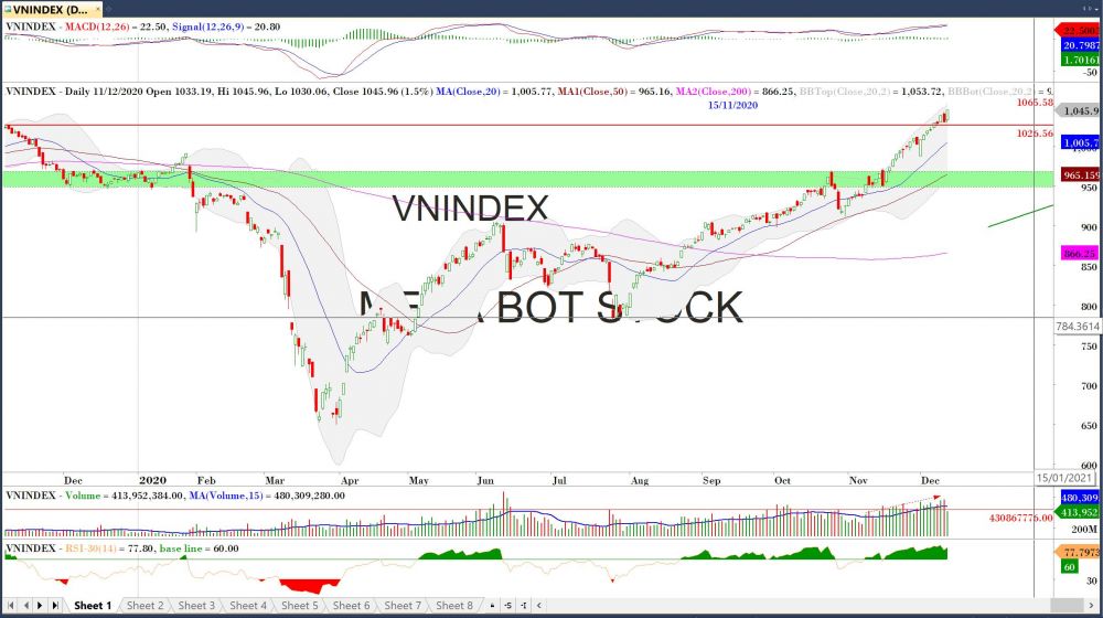 Đồ thị VN-Index của thị trường chứng khoán hôm nay 11/12 (Nguồn MegaBot)