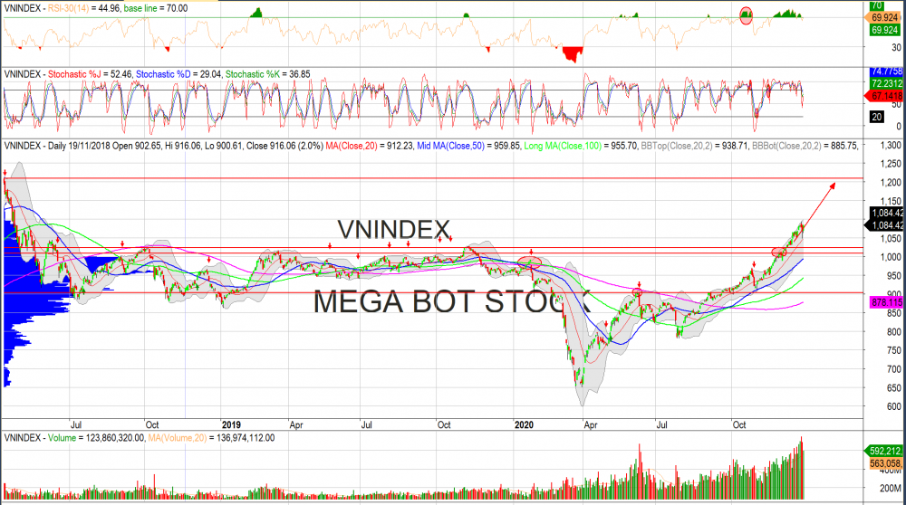 Thị trường chứng khoán ngày 28/12/2020: Đồ thị VN-Index.(Nguồn: MegaBot)