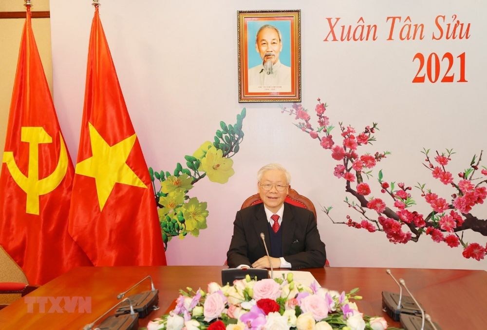Tổng Bí thư, Chủ tịch nước Nguyễn Phú Trọng điện đàm trực tiếp với Tổng Bí thư Lào Thongloun Sisoulith. (Ảnh: Trí Dũng/TTXVN)
