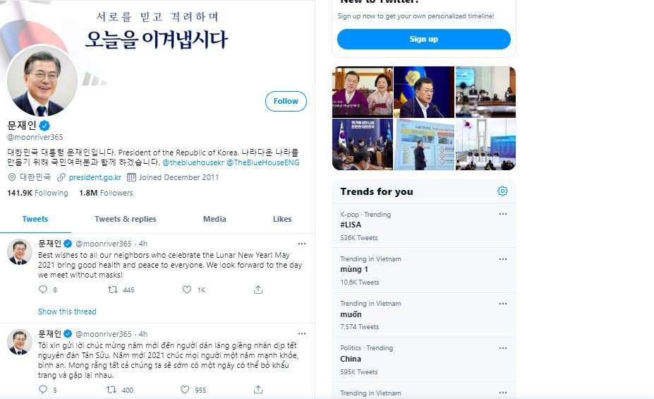 Tổng thống Hàn Quốc gửi lời chúc Tết Nguyên đán đến các nước láng giềng