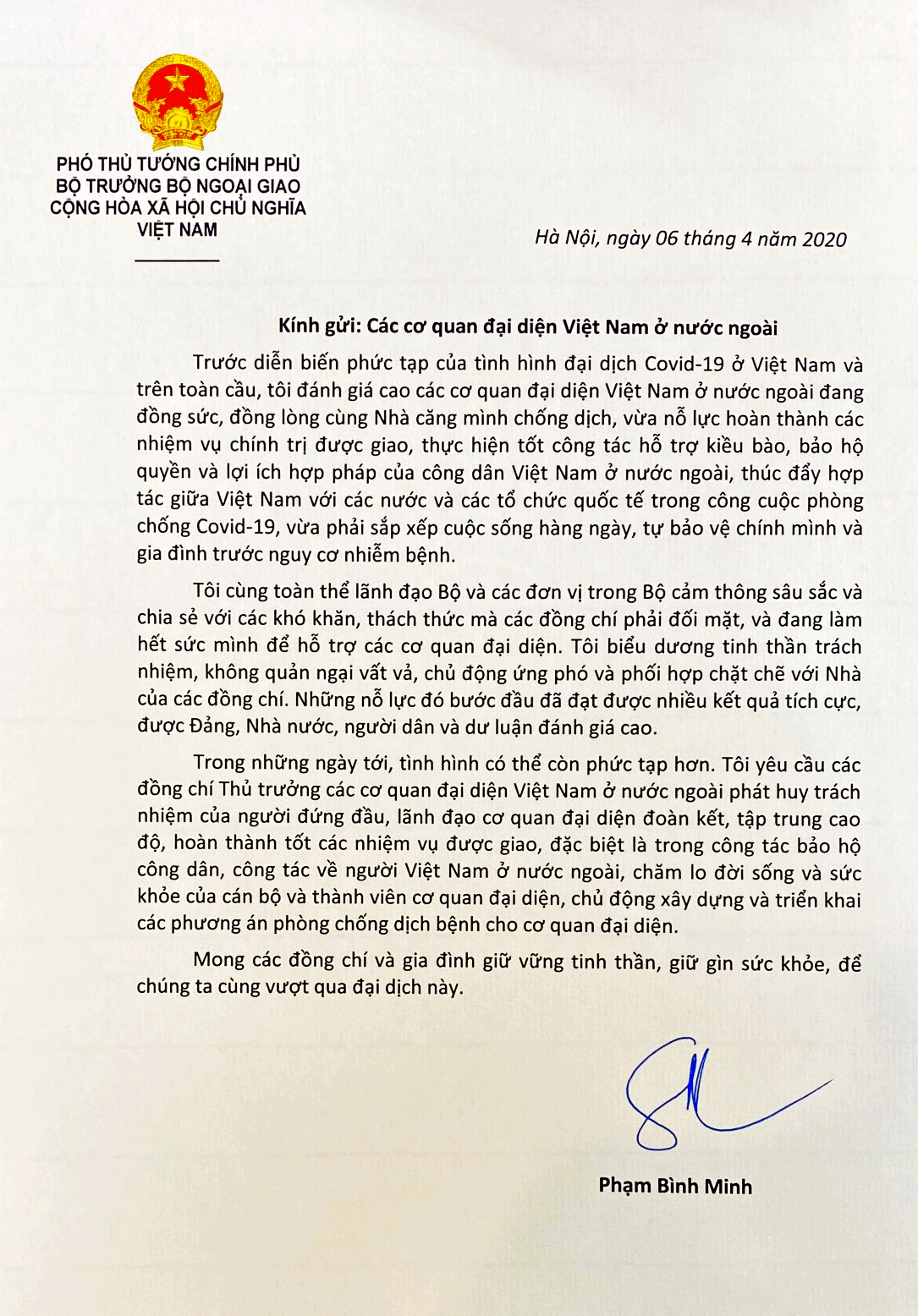 pho thu tuong pham binh minh gui thu bieu duong khich le tinh than cac can bo nhan vien ngoai giao o nuoc ngoai trong phong chong dich covid 19