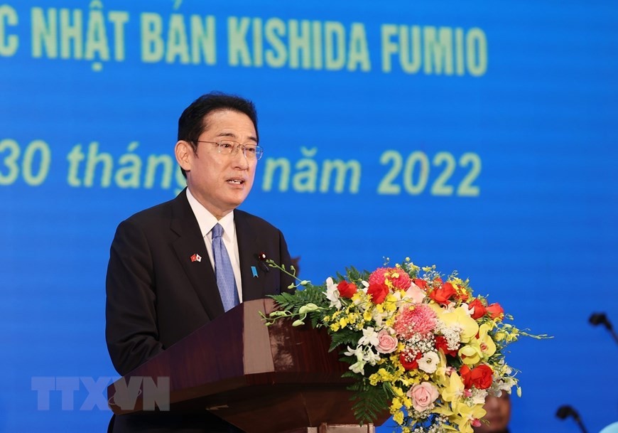 Thủ tướng Nhật Bản Kishida Fumio phát biểu tại buổi chiêu đãi chào mừng. (Nguồn: TTXVN)