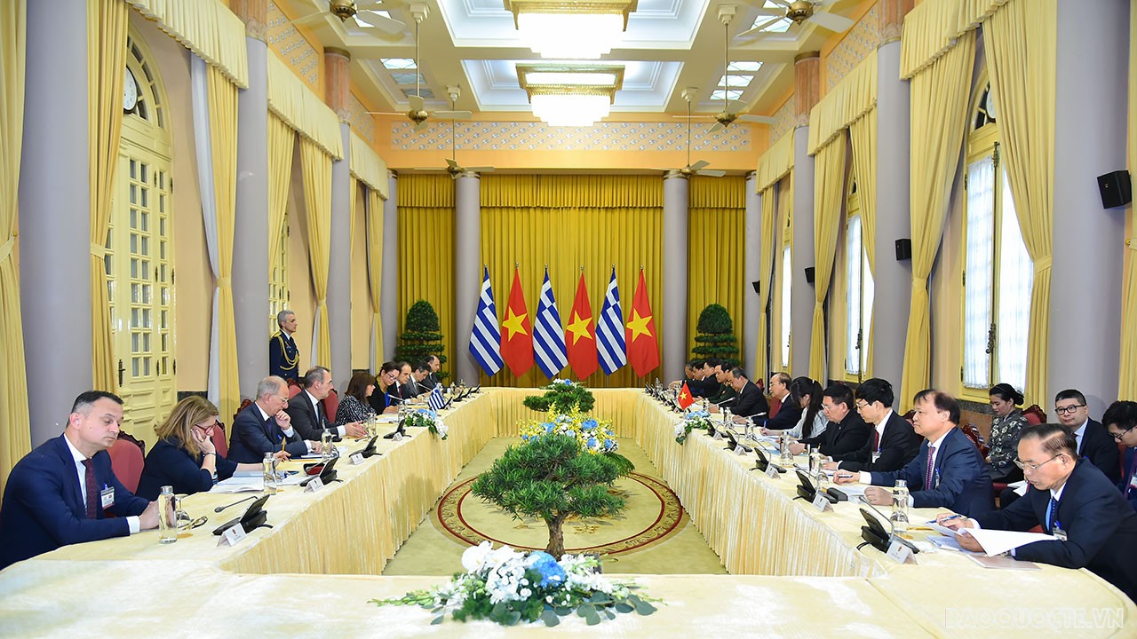 Toàn cảnh Lễ đón chính thức Tổng thống Hy Lạp Katerina Sakellaropoulou tại Phủ Chủ tịch