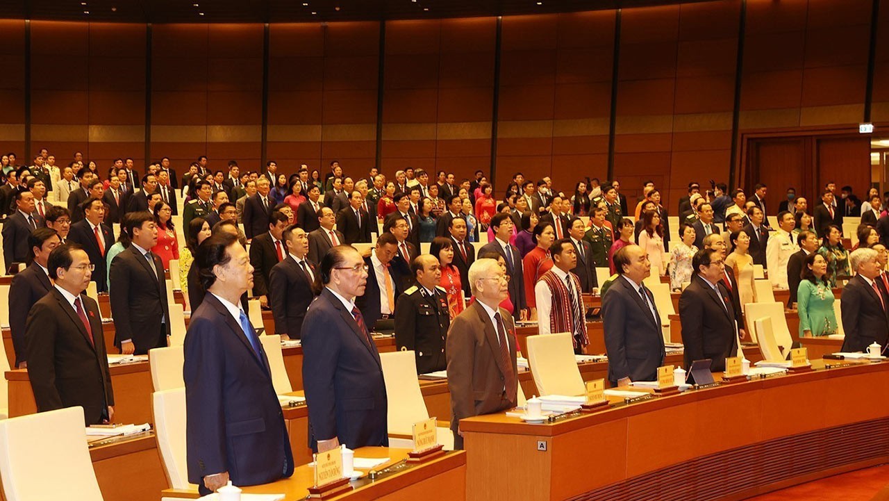 Các đại biểu Quốc hội làm lễ chào cờ.