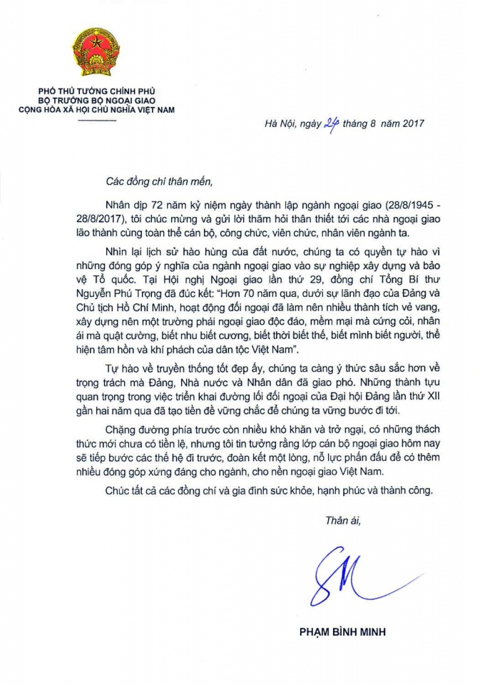 Thư chúc mừng 72 năm thành lập ngành Ngoại giao của Phó Thủ tướng, Bộ trưởng thu chuc mung 72 nam thanh lap nganh ngoai giao cua pho thu tuong bo truong