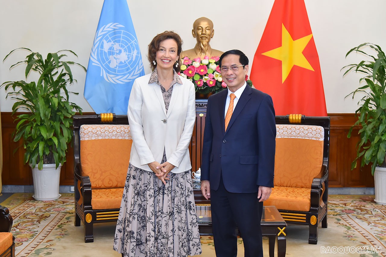 Bộ trưởng Ngoại giao Bùi Thanh Sơn đón, tiếp Tổng giám đốc UNESCO Audrey Azoulay