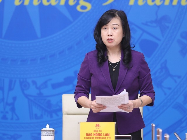 Quyền Bộ trưởng Bộ Y tế Đào Hồng Lan báo cáo tại Hội nghị. Quyền Bộ trưởng Bộ Y tế Đào Hồng Lan báo cáo tại Hội nghị.
