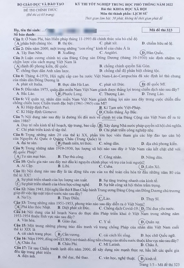 Đề thi môn Lịch sử