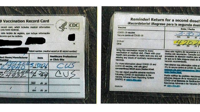 Trong những tháng qua, Mỹ bắt được nhiều chiếc thẻ COVID-19 giả SKĐS